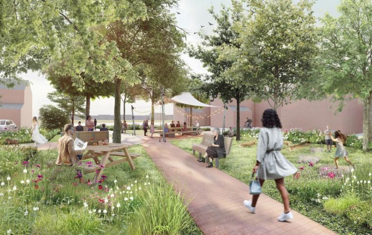 Een toekomstbeeld van het ontmoetingsplein in Bethaniënpolder: een meisje loopt door het groen