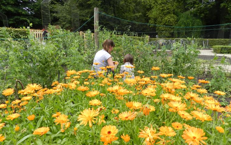 Moeder en dochter werken samen in de samentuin van het Tivolipark