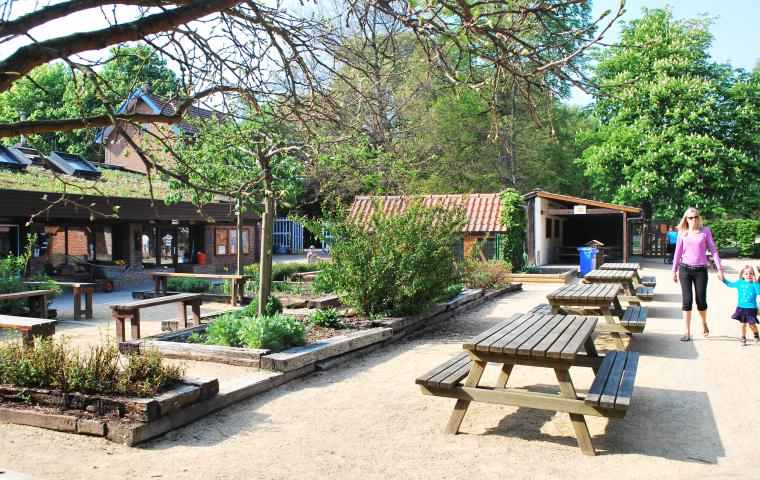 Picknicktafels in de kinderboerderij in het Tivolipark