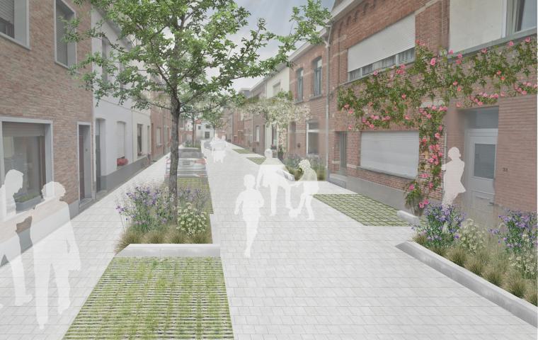 Een toekomstbeeld van de Dahliastraat met extra groen, bomen en waterdoorlaatbare parkeerplaatsen.