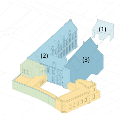 Een plan van de site Refuge met daarop het poortgebouw, het Refugium en de kapel aangeduid.