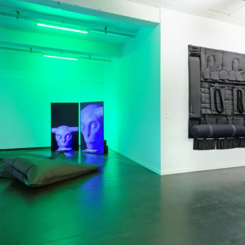 een werk dat lijkt op aliens dat verlicht wordt met groene verlichting 