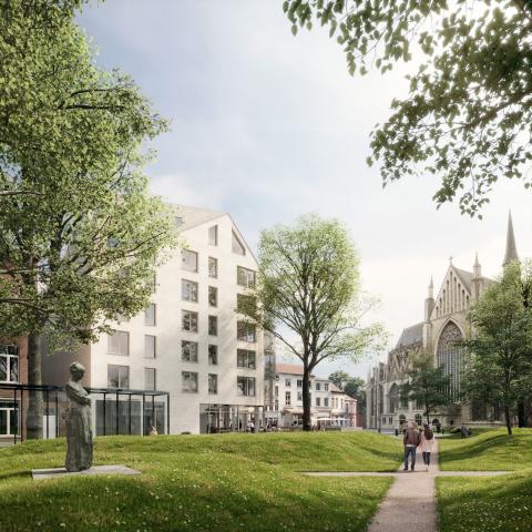 Een toekomstbeeld van het Newtongebouw. Het pand ligt vlak naast de Wollemarkt en onder de toren.