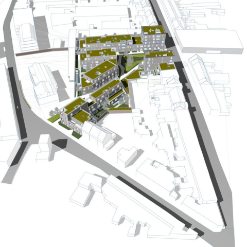 Op de plaats van de oude Fordgarage komen 4 nieuwe gebouwen met 59 appartementen en 11 woningen met tuin.