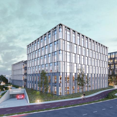 Toekomstbeeld van het stadsvernieuwingsproject Malt, met vooral de gebouwen en inrit van de ondergrondse parking.