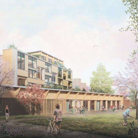 Toekomstbeeld van de nieuwe gevel van Impact Factory. 
