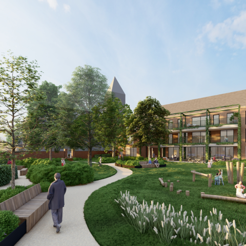 Een toekomstbeeld van een groene binnentuin omringd door gebouwen.