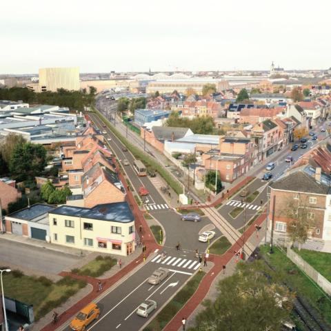 Een toekomstbeeld van de Arsenaalverbinding: de kruising van de Arsenaalverbinding en de Leuvensesteenweg. 