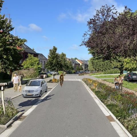 Een toekomstbeeld van de vernieuwde Kruisbaan met meer ruimte voor parking en een smaller wegdek.