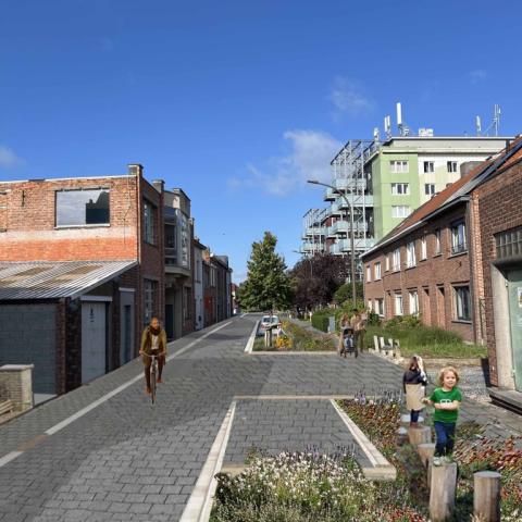 Een toekomstbeeld van de vernieuwde kruisbaan met een smaller wegdek, voorbestemde parkeerplaats en groen die het wegdek en het voetpad scheiden van elkaar.