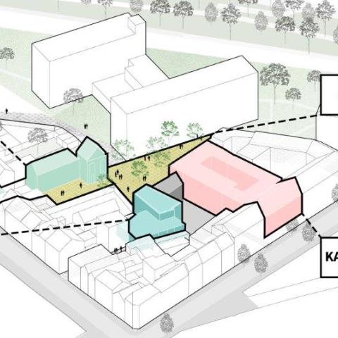 Een kleine kaart van de site: dit bevat de potterij, een kantoorgebouw, stadsbalkon en h30.