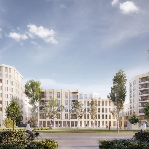 Toekomstbeeld Hof van Egmont, zicht van Speecqvest op centrale bouwblok