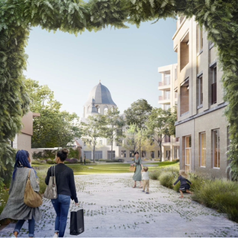 Toekomstbeeld Hof van Egmont. Zicht op centrale bomenplein vanuit Faid Herbestraat