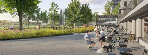 Toekomstbeeld van Keerdok met terras en bomen